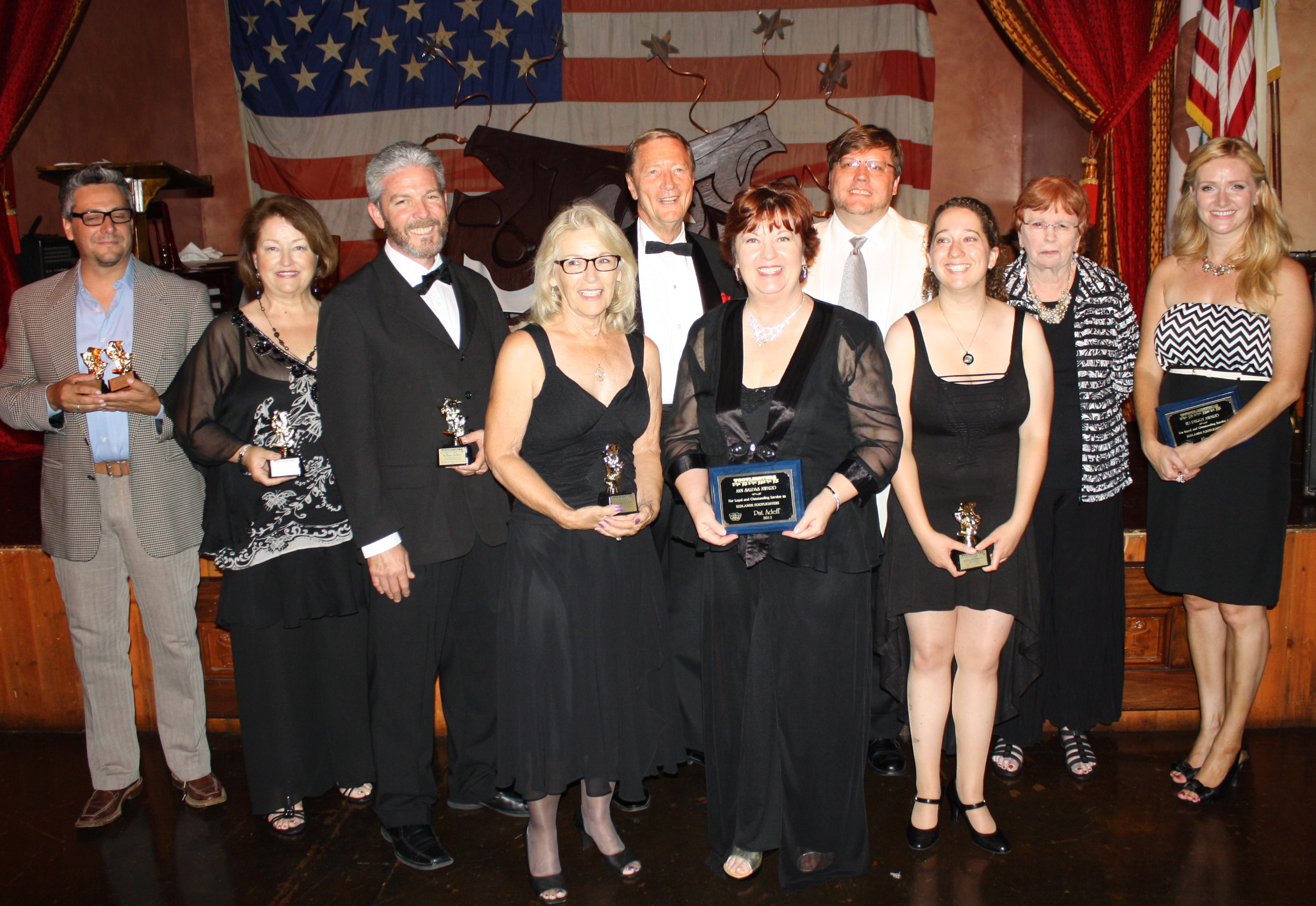 Winners at the Footlighters banquet on June 30th.  From left to right: Phillip Gabriel. Mary Carruthers, William Gillean, Pamela Lambert, Eric Gruenler, Pat Adeff, Tom Hurst, Kellie McDonald, Carol Steele, and Ali Rafter.