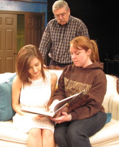 Jessica Mullin, Mike Hanrahan, and Sabrina Foley rehearse for "The Univited," opening at Redlands Footlighters November 7.